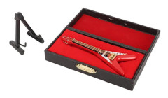 Röd Miniatyr Elgitarr V Form Utsökt Trämodell med Displayställ och Förvaringsfodral