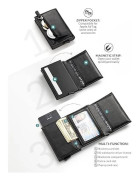 Black RFID Anti-Piracy Card Holder Bifold Leather Wallet with Zipper Bank Credit Card Holder for Men's Banknotes and Coins