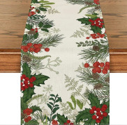 Holly Pine Cone Julbordslöpare, Säsongsbetonad Vinter Köksbord Dekoration för Hemfest Dekor 33x183 cm-Grön (LGL)