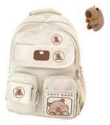 Capybara Ryggsäck för skolan, söt preppy estetisk ryggsäck med Kawaii-nål och tillbehör för flickor, vit med docka_MGF
