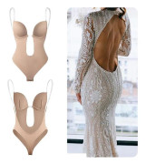Deep V-neck Shapewear Body Shaper Women's Sheer Straps Padded Push-up Corset skin color XL