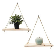 Set om 2 - Hängande vägghylla - Trendig dekoration i återvunnet trä - Krok ingår - Furuslag - 35 cm x 14 cm - Handgjorda i Frankrike