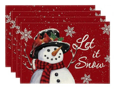 Röda Snögubbar Låt Det Snöa Vinter Placemats Set om 4, 30x46 cm Säsongs Julhelg Bordsunderlägg-Röd (LGL)