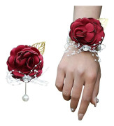 Armbandsros Brudnäbb Bröllop Blommor Bal Corsage och Boutonniere Set för Bröllopsfest Bal Brudgum Brud (Röd)
