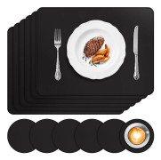 Set med 6 svarta bordstabletter i konstläder 41x31cm – tvättbara, värmebeständiga, vändbara, halkfria