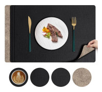 Set med tvättbara bordstabletter (4 delar) - värmebeständiga - halkfria - dubbelsidiga bordstabletter (svart/brun) - 43x30cm; glasunderlägg 10x10cm.