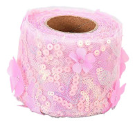 Tyllrulle 10 Yards Broderade Paljetter Blommor Mesh Band Dekorativa Hantverkstillbehör Mörkrosa