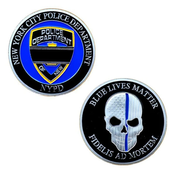 Blue Lives Matter Minnesmynt med NYPDS-inspirerad skölddesign, Hög Relief Dödskalle och Tunn Blå Linje Metallmynt, Antik Silverfinish Lagupprätthållande