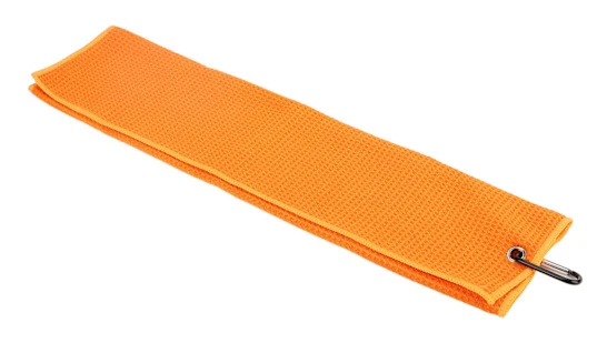 Mikrofiber Golfhandduk Våffelmönster Svettabsorption Sport Handduk med Karbinhake Orange