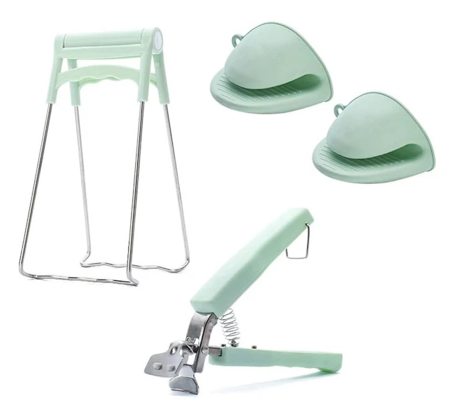 Set med 3 skålklämmor, skålhållare, värmeplatta, skålklämma, skålklämma i rostfritt stål med halkfritt silikonhandtag för lyft, varma skålar, Grön