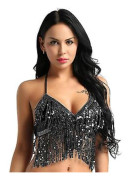 Kvinnors Glittrande Pärlor Padderad BH Toppar Magdans Kostym Festival Rave Party Showgirl Cabaret Prestanda Clubwear-r (34 B Svart)