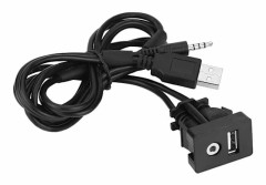USB-port och 3,5 mm AUX-uttag för bilens instrumentbräda, monteringskabel och panel