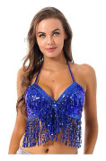 Kvinnors Glittrande Pärlor Padderad BH Toppar Magdans Kostym Festival Rave Party Showgirl Cabaret Prestanda Clubwear-r (One Size B Royal Blue)