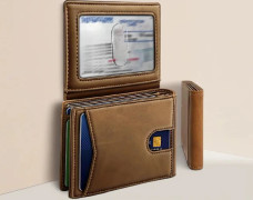 YATBEST Herr Kortväska Läder Multipla fack Plånbok RFID Stöldskydd Borste med ID-kortfönster Mode Kortklämma yellowish-brown