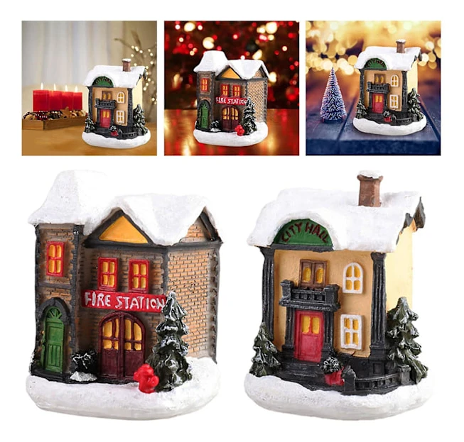Miniatyrjulhus i Vintage-stil med LED-varm ljus, Resin, Snölandskap, By, Hem, Bord, Dekoration