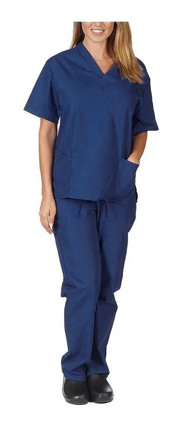 Medical Nursing Arbetsuniform Set för män och kvinnor Kortärmad V-ringad Enfärgad toppar+byxor Skrubbdräkt 2XL marinblå färg