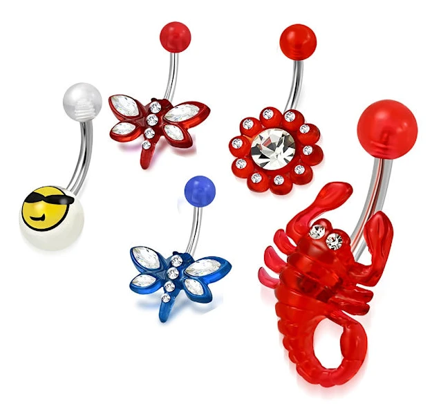 Set med 5 st Navelpiercing Navel Piercing i Acryl, CZ & Kirurgiskt Stål 316L - Emoji, Fjäril, Blomma & Skorpion multifärg