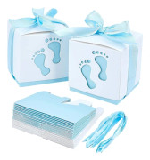 60 Set Baby Shower Godisaskar, Fotspår Vikbara Ask Blått Papper Presentask Med Band Festbord Dekoration Födelsedagsfest Present Favorit (2,4 X 2,4 X 2,4