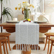 Wekity Rustik Linned bordslöpare med handgjorda tofsar, Hemstitched Broderi Bondgårdsstil Bordslöpare, 13 X 90 Tum - Ljusgrå