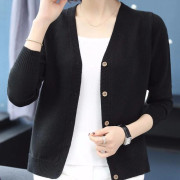 Stor storlek vår och höst, koreansk version för kvinnor av toppen Lös v-ringad cardigan tröja Kort sektion av A Hundred Stickad Sweater Jacka M svart