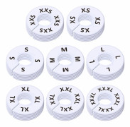 Set med 40, runda vita plastklädesstorleksavdelare, hyllavdelare för garderob, förtryckta i 8 storlekar XXS, XS, S, M, L, XL, XXL, XXXL (3,5\" OD, 1,38\" ID)