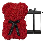 Röd rosbjörn, nallebjörn av färska blommor, svart presentförpackning, lämplig som Alla hjärtans dag-, jubileums-, mors dags- eller julklapp.