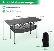 Hopfällbart campingbord med upprullbar aluminiumsskiva, svart