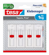 Justerbar självhäftande spik (för tapeter och puts, höjdjusterbar, självhäftande väggspik, upp till 1 kg bärförmåga per spik, 4-pack, vit