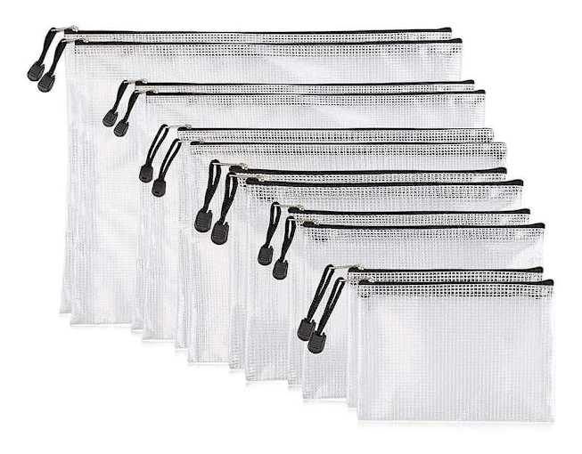 Zip Mesh Bags, 12 Pcs Mesh Zipper Pouch Document Wallet Clear Pvc Zipper File Acsergery Gift