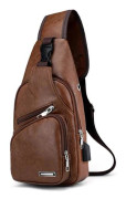 Stöldskydd Bröstväska Axelväska, PU Läder Herrryggsäck med USB-kabel, Vintage Crossbody Ryggsäck för avslappnad utomhusvandring Brown