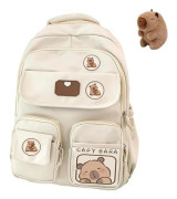 Capybara Ryggsäck för Skolan, Söt Preppy Estetisk Ryggsäck med Kawaii Nål och Tillbehör för Flickor Vit med Docka