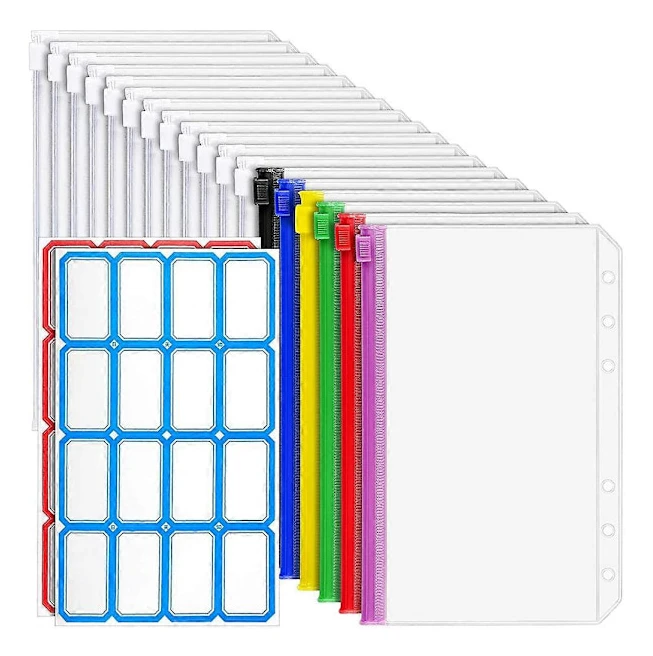 18 st A6-pärmfickor 6-rings A6-blixtlåspåse för budgetpärm, vattentätt plastkuvert multicolor