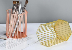 Sexkantig pennhållare Sminkborsthållare Desktopförvaringsställ rosa guld