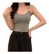 Sommarvadderat linne för damer, spaghettiband, smal passform, camisole, enfärgad, snygg, ärmlös, grå, fri storlek 40-72 kg