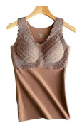 Termoväst för damer, varm ärmlös camisole med spets och inbyggd bh - Kaffe style2291