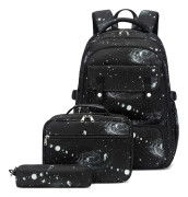 Createy Boys Ryggsäck, Galaxy Ryggsäck för Pojkar Skolväska Grundskoleväskor Tonårsryggsäck med Lunchväska Pennfodral Black