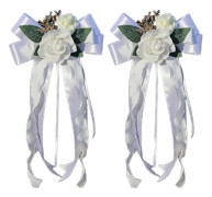6 st Bildörrhandtagsblommor, Nygifta Dekor med Vita Sidenbuketter & Band, Biltillbehör för Bröllop för Handtag 6PCS