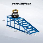 Blå hydraulisk billyft 2000 kg, tunglastbil ramp för bilvård och oljebyte, justerbar 27,5 cm, 23° instegsvinkel