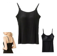 2-i-1 Dam Basic Sömlös Camisole Enfärgad Spaghettiband Slim Fit Bomull, Justerbara Spaghettiband Linne med Inbyggd BH Black 2XL