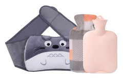 Varmvattenflaska med Totoro - Mönstrat Plyschöverdrag - 1-liters Gummi Varmvattenpåse för Mensvärk & Trötthet, Grå