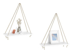 Trähängande hyllor för vägg, svängrep, rustik flytande hylla, set om 2, vägghyllor för vardagsrum sovrum [HK] White