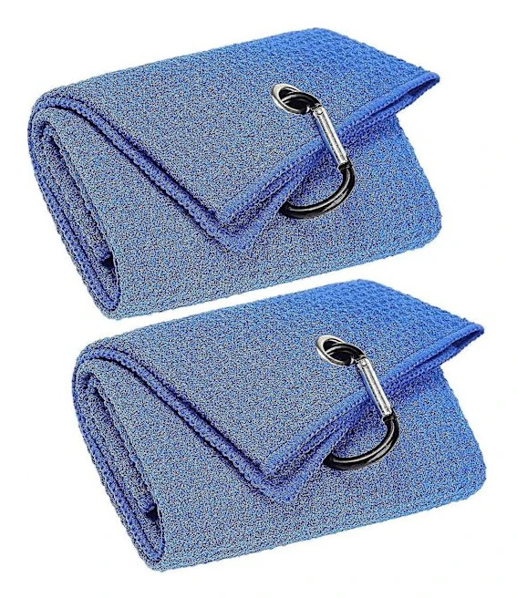 2-pack tri-vikta golfhanddukar, premium mikrofibertyg våffelmönster med svart kraftig karbinhake
