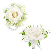 2 st konstgjorda handledsblommor vita rosor för bröllop, herrbrudgum brosch ros corsage, brud tärna handledsband armband bröllopsblommor