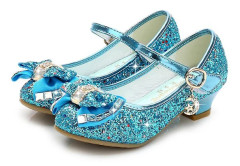 Glitterprinsessans läderskor för flickor, glittrande barnskor med hög klack och fjärilsknut Blue 28