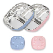 Rostfria Småbarnstallrikar med Sugpropp | Halkfria Uppdelade Babytallrikar BPA-fria & Giftfria | Avtagbar Silikonbas | Diskmaskinsäkra (Blå + Rosa)