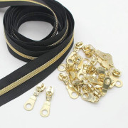 #5 Guldmetallisk Nylon Spolblixtlås Per Meter Bulk 10 Meter Svart Tejp Med 25 st Guldreglage För Diy Sömnad Skräddare Hantverk Väska(svart)