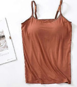 2-i-1 Dam Basic Sömlös Camisole Enfärgad Spaghettiband Slim Fit Bomull, Justerbara Spaghettiband Linne med Inbyggd BH Brown L