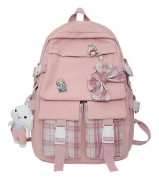 Kawaii Ryggsäck Teen Girl Japanska skolväskor med stor rosettknut Kawaii Skolmaterial Plädad Preppy Ryggsäck Girls (rosa, One Size)