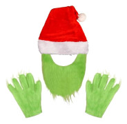Grinch-skägg Jultomteluva med Gröna Luddiga Vantar Grinch-mask Handske Julparty Cosplay Kostymtillbehör