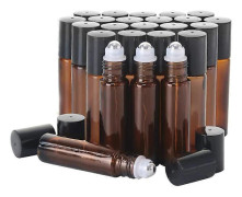 24 st 10 ml Rollerflaskor för eteriska oljor - Amber, glas med rullkulor i rostfritt stål (3 extra rullkulor, 54 etiketter, öppnare, tratt, D